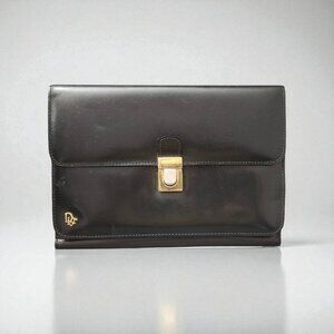 Dior Clutch bag Black Leather Vintage Logo Clasp Business Document Holder